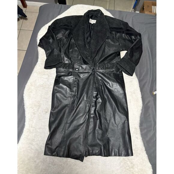Vintage Pelle Studio Y2K Long‎ Leather Black Trench Cost Snap On Jacket Paisley - Picture 1 of 11